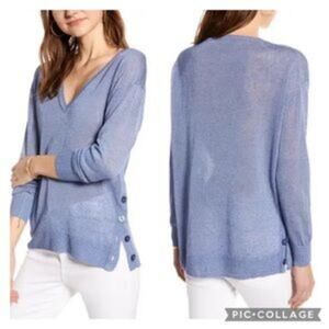J.CREW Blue V Neck Side Button Linen Blend Sweater Coastal Knit Size Xs